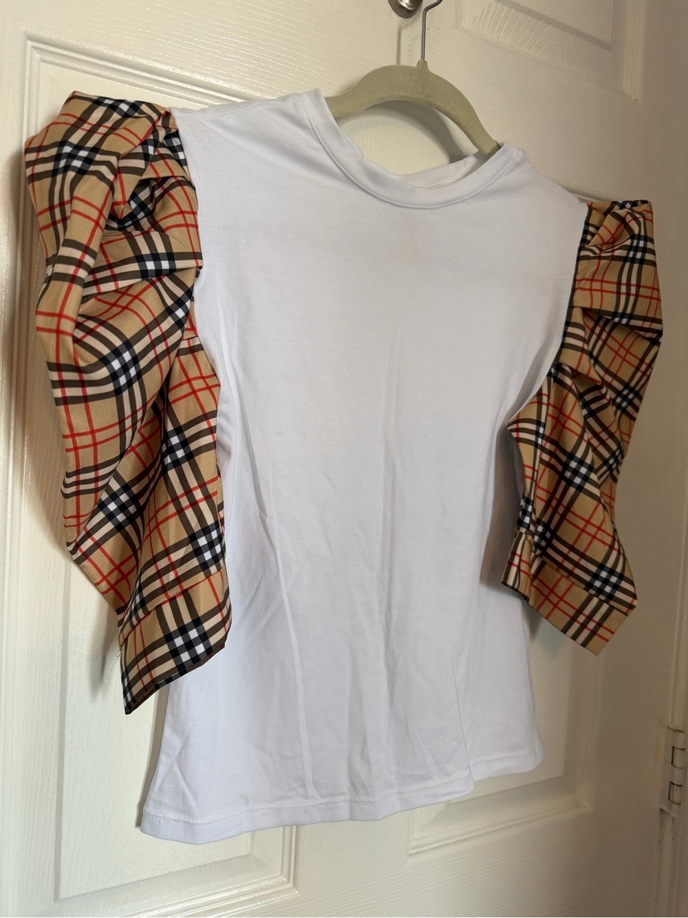 Woman’s  White Top with Plaid Puff Sleeves